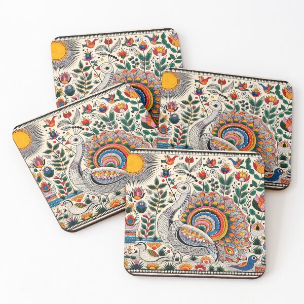 Item preview, Madhubani Inspired Folk Art – Vibrant Peacock with Sun and Lotus designed and sold by ShaktyVarnam.