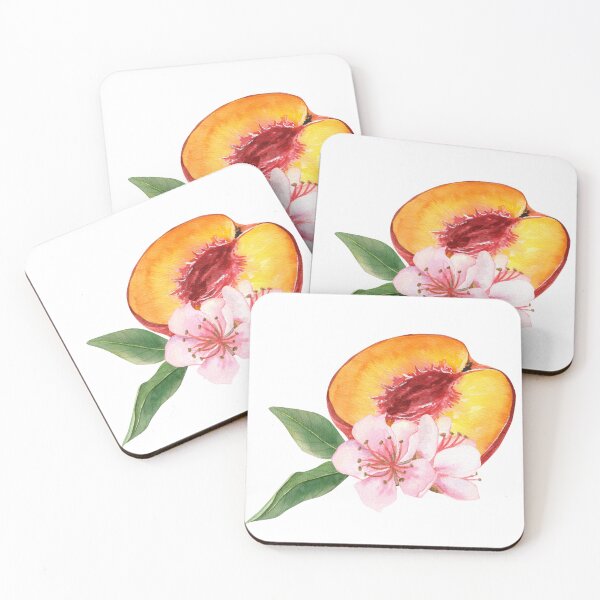 Item preview, Watercolor hand drawn composition with half a peach, branch with leaves and peach flowers designed and sold by TanyaKremen.
