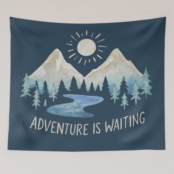 Item preview, Watercolour Mountains and Trees with 'Adventure is Waiting' – Nature Travel Art designed and sold by baggycatsworld.