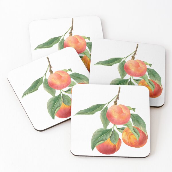Item preview, Watercolor hand drawn composition with three ripe peaches on a branch with a green leaves. designed and sold by TanyaKremen.