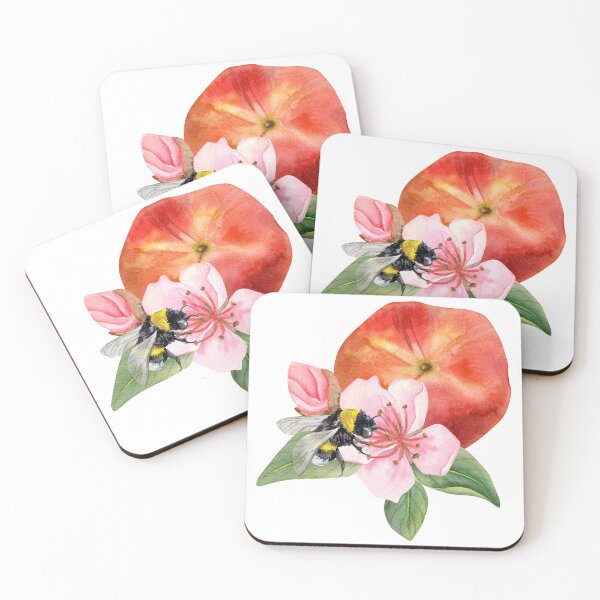 Item preview, Watercolor composition with ripe peach, pink peach flowers and leaves and bumblebee flying to the flowers. designed and sold by TanyaKremen.