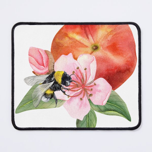 Item preview, Watercolor composition with ripe peach, pink peach flowers and leaves and bumblebee flying to the flowers. designed and sold by TanyaKremen.