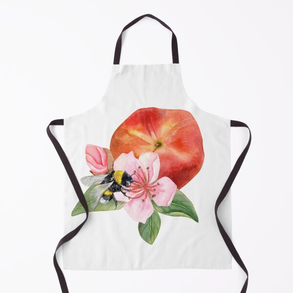 Item preview, Watercolor composition with ripe peach, pink peach flowers and leaves and bumblebee flying to the flowers. designed and sold by TanyaKremen.