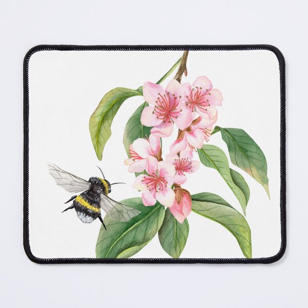 Item preview, Watercolor composition with a branch with pink peach flowers and leaves and bumblebee flying to the flowers designed and sold by TanyaKremen.