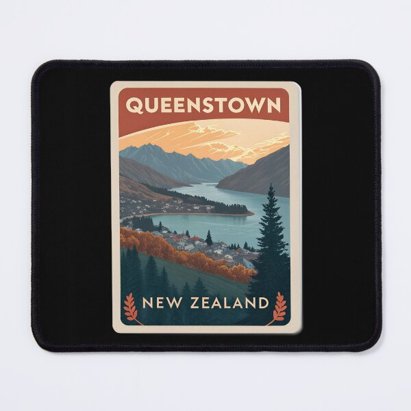 Item preview, Queenstown New Zealand – Vintage Travel Poster Style Scenic Lake and Mountains designed and sold by VividOrganica.