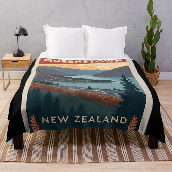 Item preview, Queenstown New Zealand  – Vintage Travel Poster Style Scenic Lake and Mountains designed and sold by VividOrganica.