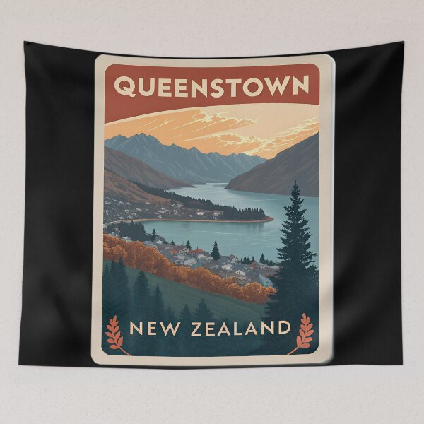 Item preview, Queenstown New Zealand  – Vintage Travel Poster Style Scenic Lake and Mountains designed and sold by VividOrganica.