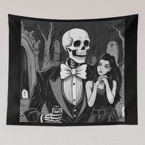 Item preview, Fancy dapper Skeleton man and Vampire girl cool horror art designed and sold by Vintage Designs +.