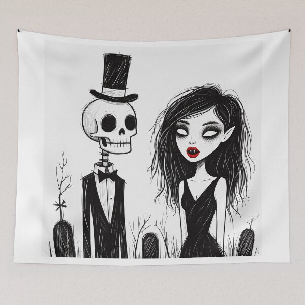 Item preview, Fancy dapper Skeleton man and Vampire girl cool horror art designed and sold by Vintage Designs +.