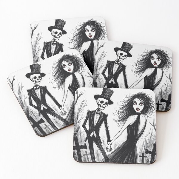 Item preview, Fancy dapper Skeleton man and Vampire girl cool horror art designed and sold by Vintage Designs +.