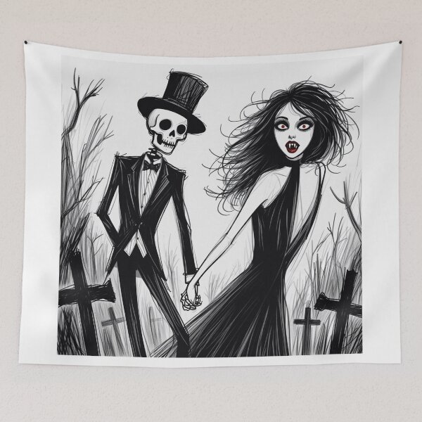 Item preview, Fancy dapper Skeleton man and Vampire girl cool horror art designed and sold by Vintage Designs +.