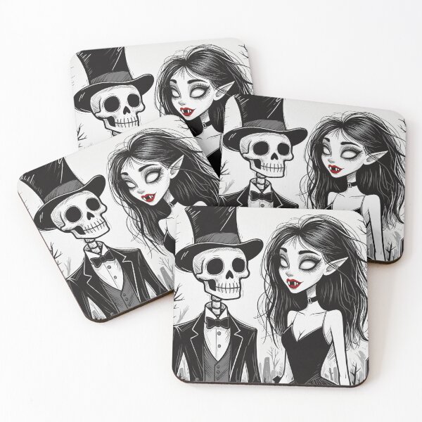 Item preview, Fancy dapper Skeleton man and Vampire girl cool horror art designed and sold by Vintage Designs +.