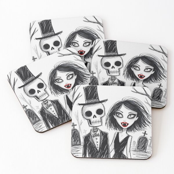 Item preview, Fancy dapper Skeleton man and Vampire girl cool horror art designed and sold by Vintage Designs +.