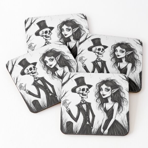 Item preview, Fancy dapper Skeleton man and Vampire girl cool horror art designed and sold by Vintage Designs +.