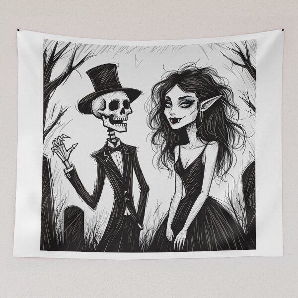 Item preview, Fancy dapper Skeleton man and Vampire girl cool horror art designed and sold by Vintage Designs +.