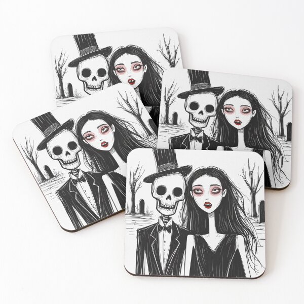 Item preview,  Fancy dapper Skeleton man and Vampire girl cool horror art designed and sold by Vintage Designs +.