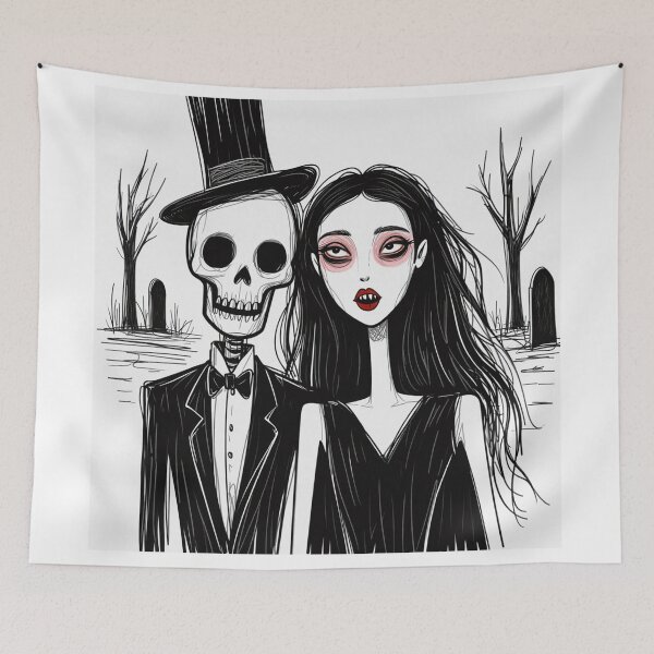 Item preview,  Fancy dapper Skeleton man and Vampire girl cool horror art designed and sold by Vintage Designs +.