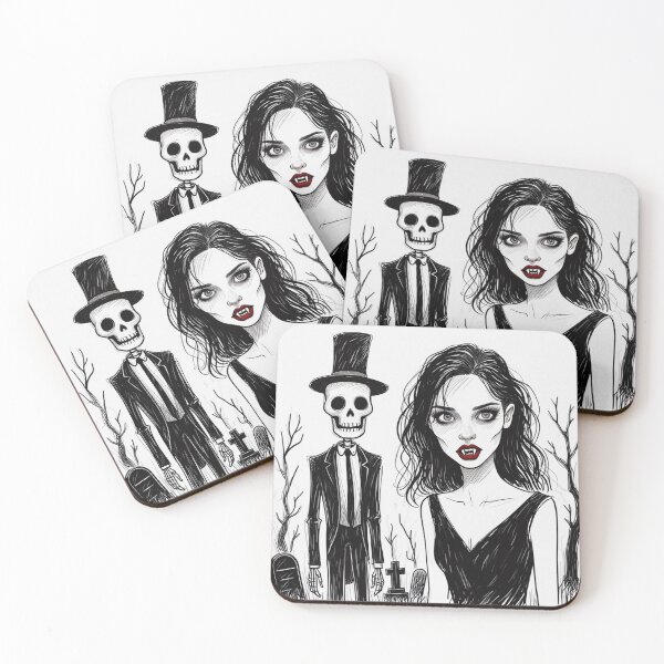 Item preview,  Fancy dapper Skeleton man and Vampire girl cool horror art designed and sold by Vintage Designs +.