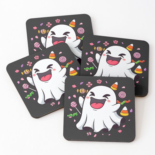Item preview, Funny Ghost With Exaggerated Laughing Face Surrounded by Halloween Candy and Flowers | Kawaii Cartoon Design designed and sold by ColorSplash123.