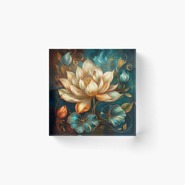 Item preview, Nouveau Lotus Floral Art – Beige Blossoms on Teal Background designed and sold by MargaretWiktor.