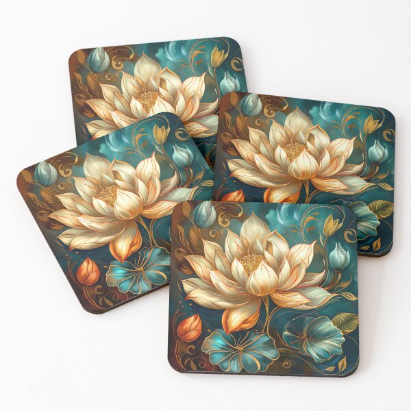 Item preview, Nouveau Lotus Floral Art – Beige Blossoms on Teal Background designed and sold by MargaretWiktor.