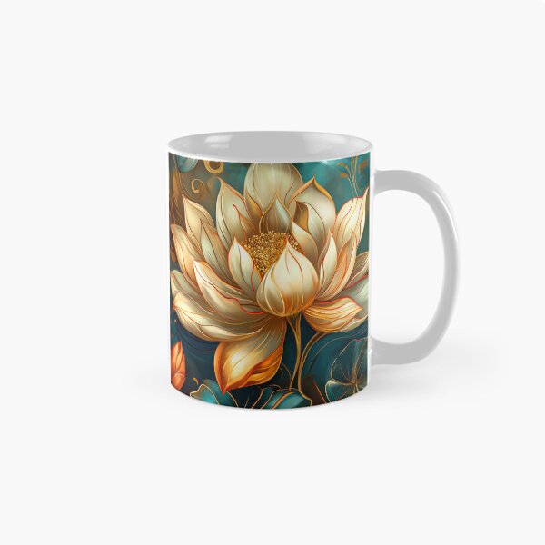 Item preview, Nouveau Lotus Floral Art – Beige Blossoms on Teal Background designed and sold by MargaretWiktor.