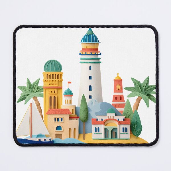 Item preview, Mediterranean Coastal Town with Lighthouse, Palm Trees and Sailing Boat Illustration designed and sold by DesignArtist.ia.