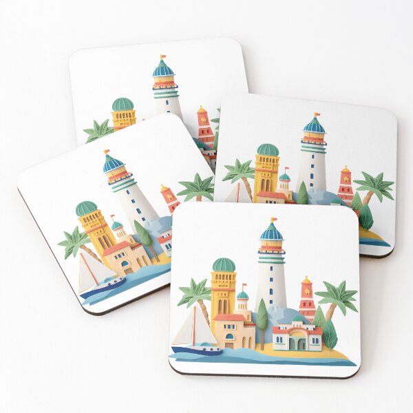 Item preview, Mediterranean Coastal Town with Lighthouse, Palm Trees and Sailing Boat Illustration designed and sold by DesignArtist.ia.