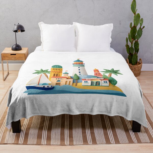 Item preview, Mediterranean Coastal Town with Lighthouse, Palm Trees and Sailing Boat Illustration designed and sold by DesignArtist.ia.
