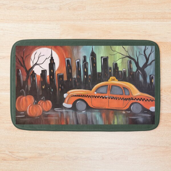 Item preview, Race Through a Moonlit City with Halloween Pumpkins and a Vibrant Yellow New York Cab designed and sold by OlfactoART Studio.