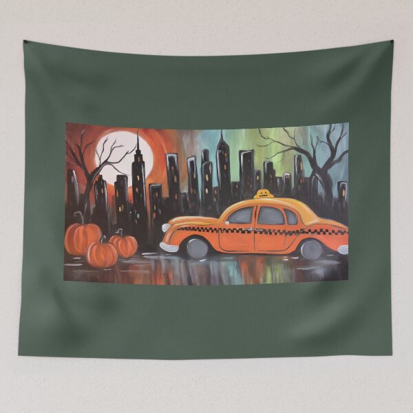 Item preview, Race Through a Moonlit City with Halloween Pumpkins and a Vibrant Yellow New York Cab designed and sold by OlfactoART Studio.