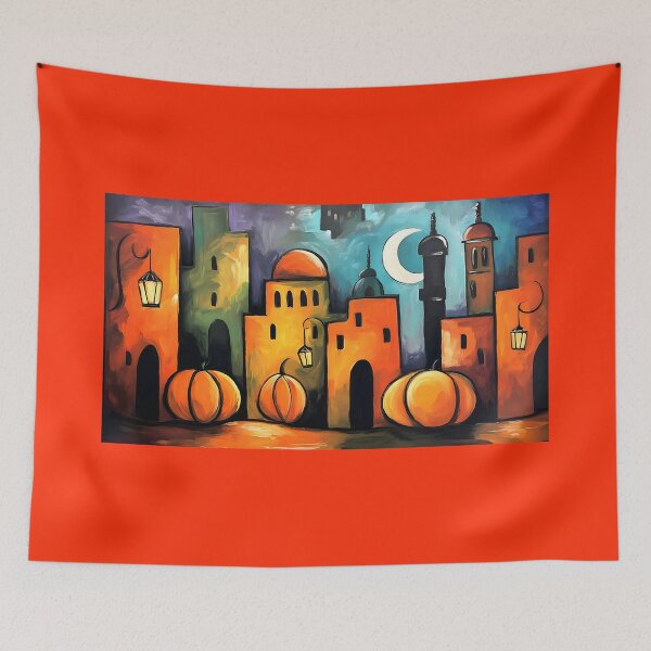 Item preview, Explore a Whimsical Halloween Arabia Cityscape with Giant Pumpkins Lanterns and Crescent Moons designed and sold by OlfactoART Studio.