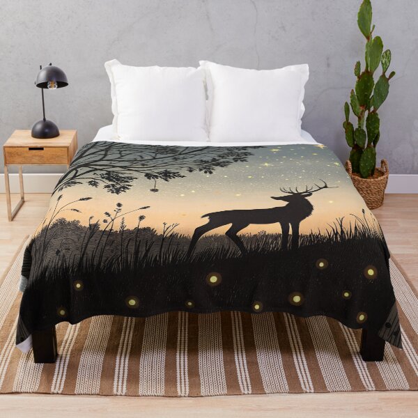 Item preview, Deer Silhouette at Dusk with Fireflies – Vintage Nature Print designed and sold by VividOrganica.
