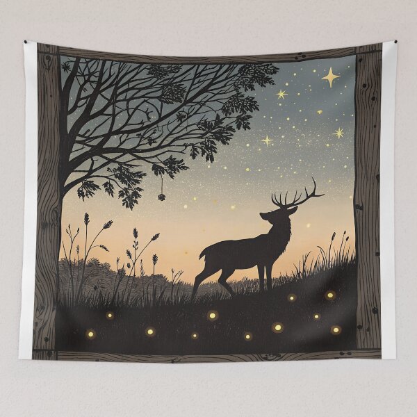 Item preview, Deer Silhouette at Dusk with Fireflies – Vintage Nature Print  designed and sold by VividOrganica.