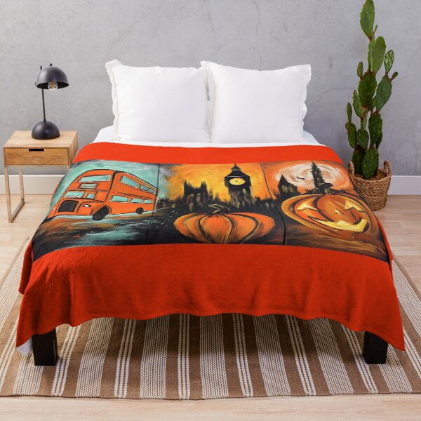 Item preview, Gothic Brit Halloween in UK Capital with Fiery Big Ben Whimsical Bus and Jack-o-Lantern designed and sold by OlfactoART Studio.
