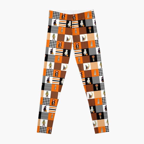 Witches, Monsters and Ghosts Halloween Orange and Black Patchwork Quilt Squares Leggings