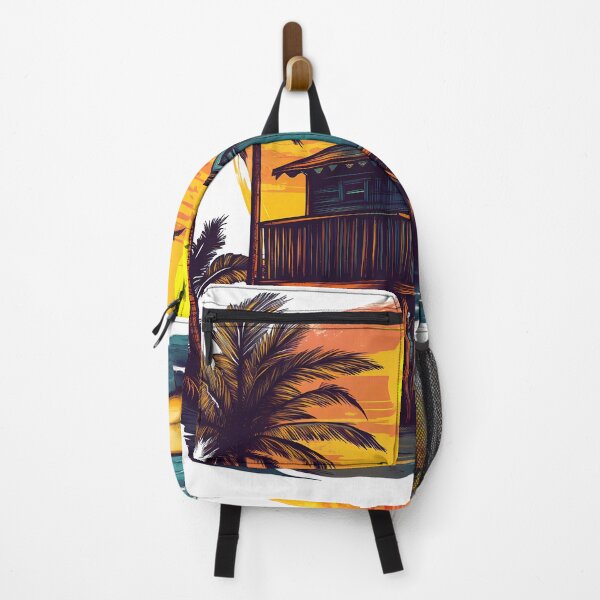 Item preview, Tropical Surf House Sunset – Beach Hut and Surfboard Ocean Illustration designed and sold by DesignArtist.ia.