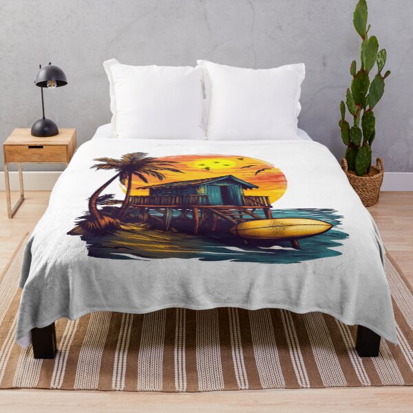 Item preview, Tropical Surf House Sunset – Beach Hut and Surfboard Ocean Illustration designed and sold by DesignArtist.ia.