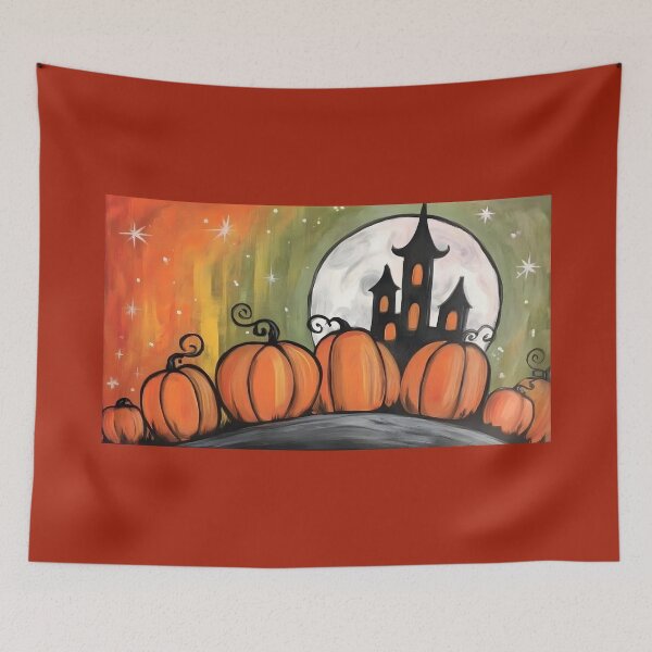 Item preview, Explore a Moonlit Halloween Hill with Bright Pumpkins and Spooky Haunted Gothic Castle designed and sold by OlfactoART Studio.