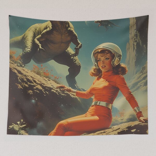 Artikelvorschau, Astronauten Frau begegnet den Retro Weltraum Dinosaurier entworfen und verkauft von she-devil-shirt.