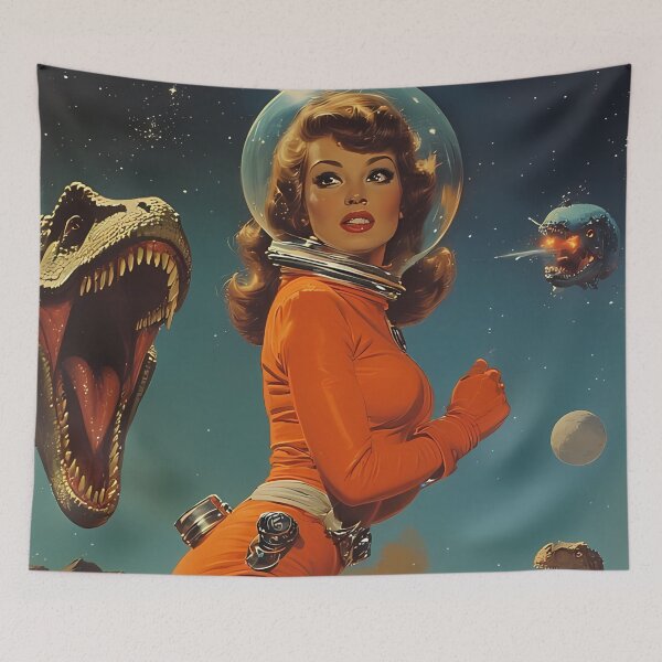 Item preview, Dinosaur attack on the planet of retro astronauts designed and sold by she-devil-shirt.