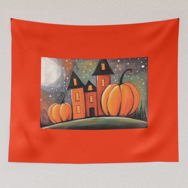 Item preview, Discover Towering Halloween Houses and Cheerful Pumpkins Beneath a Starry Moon designed and sold by OlfactoART Studio.