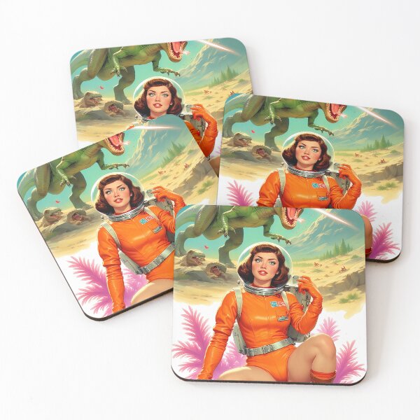 Artikelvorschau, Kopie von Astronauten Frau begegnet den Retro Weltraum Dinosaurier entworfen und verkauft von she-devil-shirt.