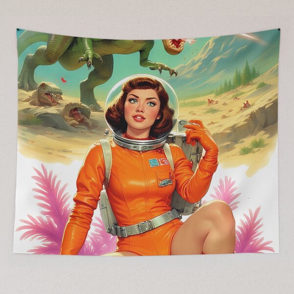 Artikelvorschau, Kopie von Astronauten Frau begegnet den Retro Weltraum Dinosaurier entworfen und verkauft von she-devil-shirt.