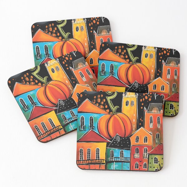 Item preview, Oversized Pumpkin Among Colorful Houses in a Glowing Halloween Hall with Cobweb Charm designed and sold by OlfactoART Studio.