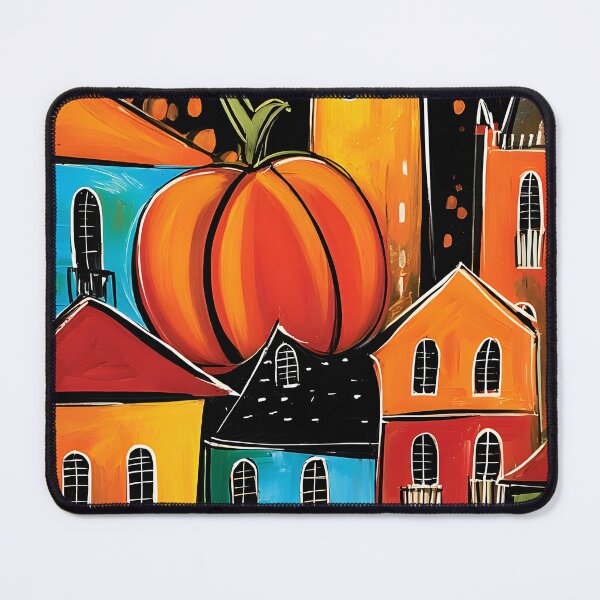 Item preview, Oversized Pumpkin Among Colorful Houses in a Glowing Halloween Hall with Cobweb Charm designed and sold by OlfactoART Studio.