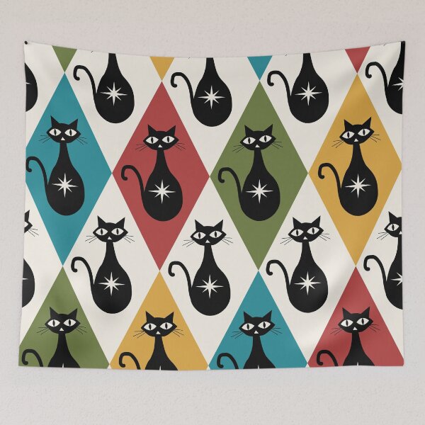 Item preview, Mid Century Atomic Cats on Retro Harlequin Diamonds Pattern  designed and sold by Yasminepatterns .