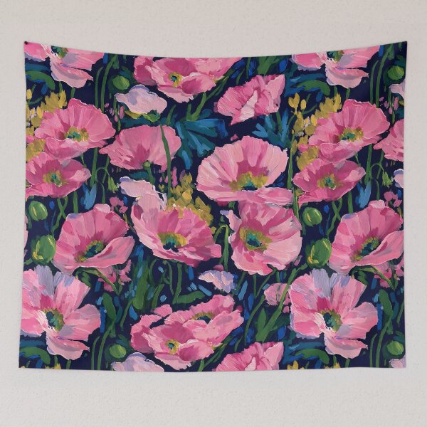 Item preview, Preppy poppies on navy blue gouache painting designed and sold by SophieClimaArt.