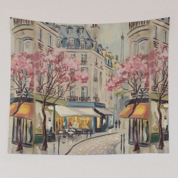 Item preview, Paris Café Scene | Cobblestone Street with French Landmark View designed and sold by CARRAANN.
