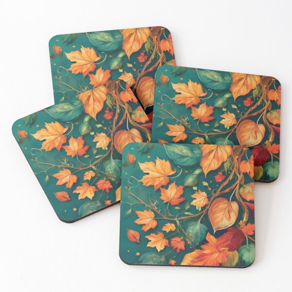 Item preview, TEXTURED TEAL and orange Fall season minimalist maple leaves, Green and burnt orange leaf painting, vintage autumn theme leaves designed and sold by navitalidesign.